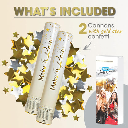 PrimePure Confetti Cannon Party Poppers - Holographic Silver Stars Confetti Popper - 2 Pack - Party Cannon Silver Glitter Star Pop Gun for Birthday, Wedding, Graduation, Celebration, Pranks