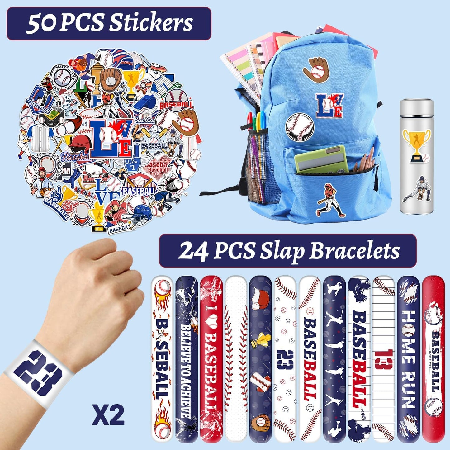 74PCS Baseball Party Favors 24PCS Baseball Slap 50PCS Baseball Stickers Bracelets Baseball Themed Party Favors Birthdays Party Decorations for Sport Game Player Kids Gifts