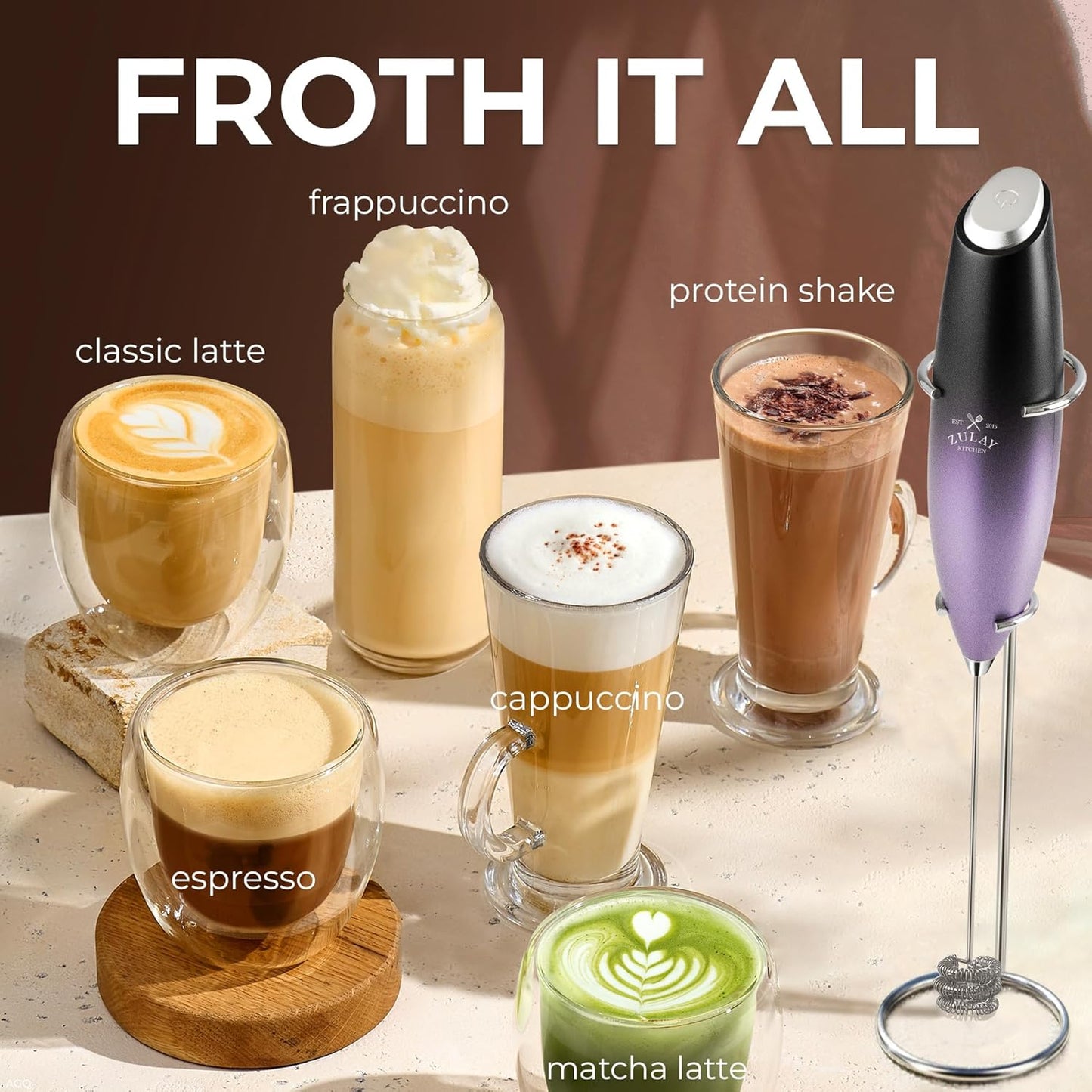 Zulay Kitchen Powerful Milk Frother Wand With Duracell Batteries - Ultra Fast Handheld Drink Mixer - Electric Whisk Foam Maker for Coffee, Lattes, Cappuccino & Matcha - Z1 Motor - Black - Colors C