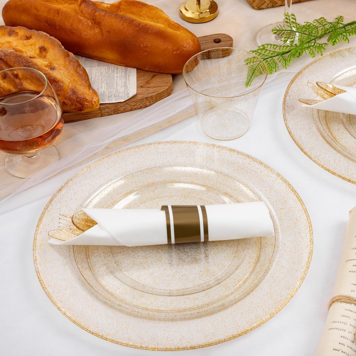 WELLIFE 350-Piece Gold Disposable Plates and Cutlery Set - Premium 10.25" Dinner Plates, 7.5" Dessert Plates, 9oz Cups & Cutlery for Weddings, Catering Events - 50 Guest Service - Elegant & Sturdy