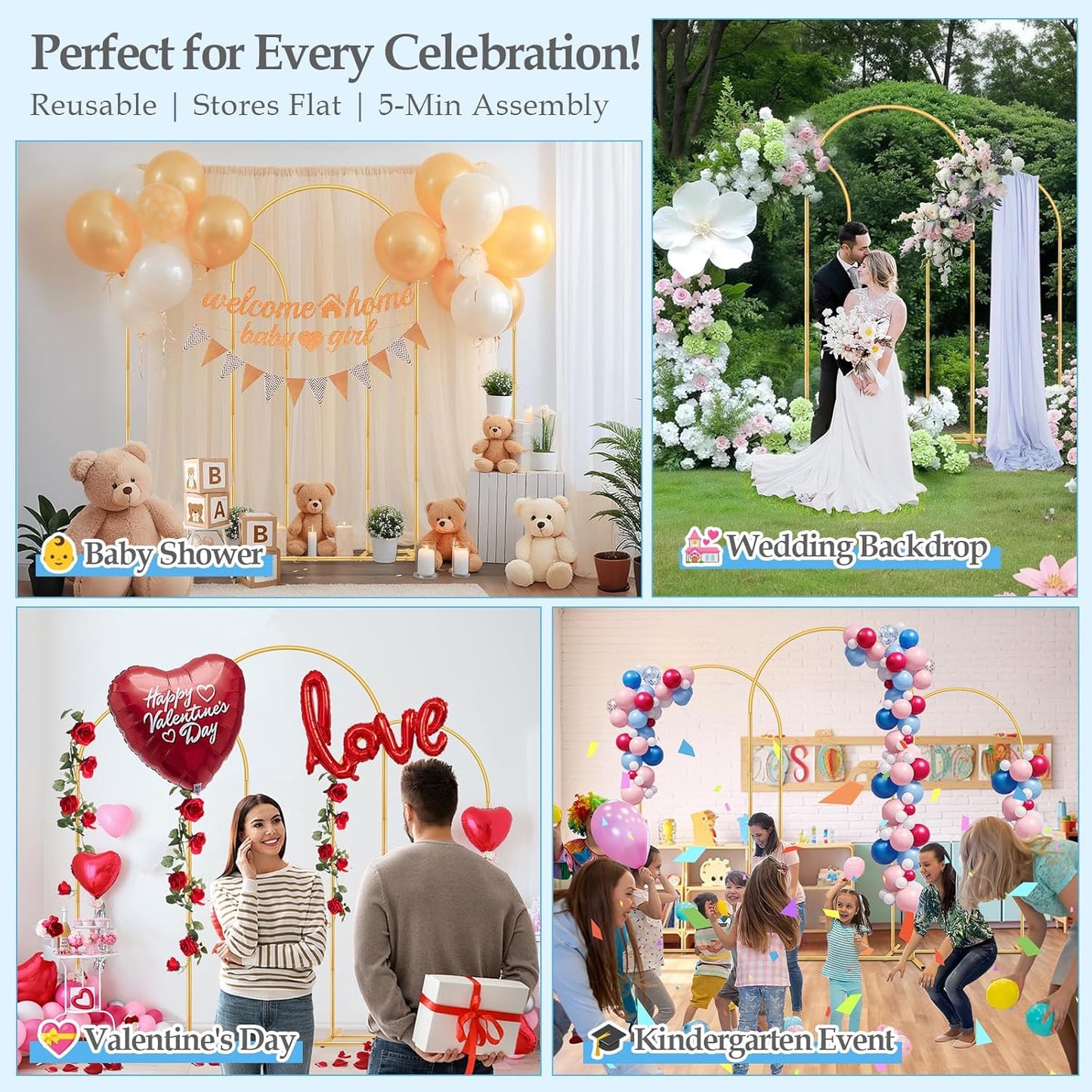 Wedding Arch Backdrop Stand, 6FT, 5FT, 4FT Set of 3 Metal Gold Balloon Arch kit Stand for Ceremony Baby Shower Birthday Bridal Party Event Background Decoration, Garden Climbing Plant Fram