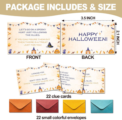Halloween Scavenger Hunt Cards, Scavenger Hunt Clue Game Card for Adults Family, Halloween Party Decorations Supplies, 21 Cards with Envelopes- B02