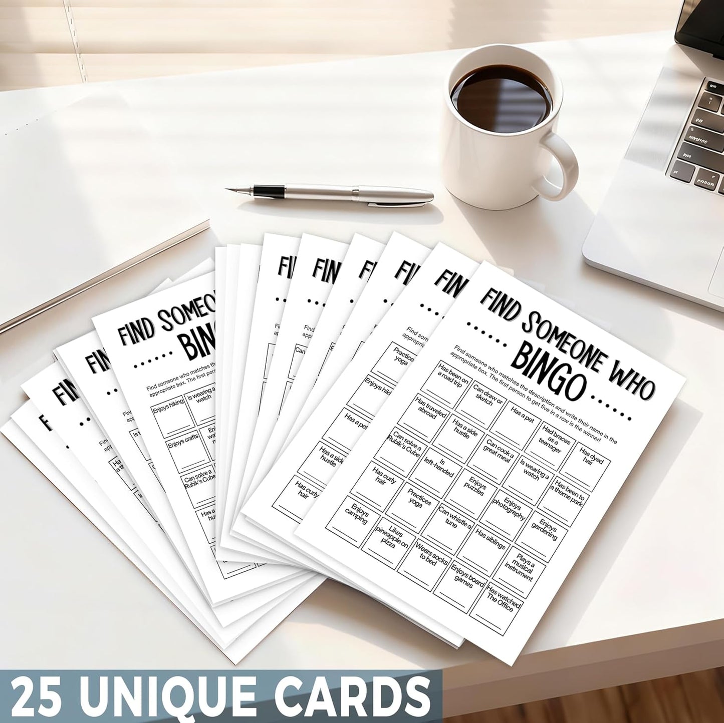 Team Building Games for Work Adults – Find Someone Who Bingo Game, 25 Unique Human Bingo Cards 5x7 Inch, Ice Breaker & Office Games for Parties, Meetings & Events - A05