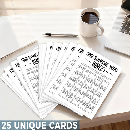 Team Building Games for Work Adults – Find Someone Who Bingo Game, 25 Unique Human Bingo Cards 5x7 Inch, Ice Breaker & Office Games for Parties, Meetings & Events - A05