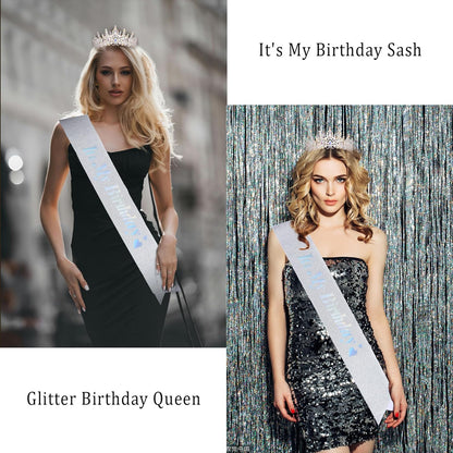 CURASA Birthday Tiara and Sash - Silver Birthday Crown for Women, Perfect for Parties and Celebrations