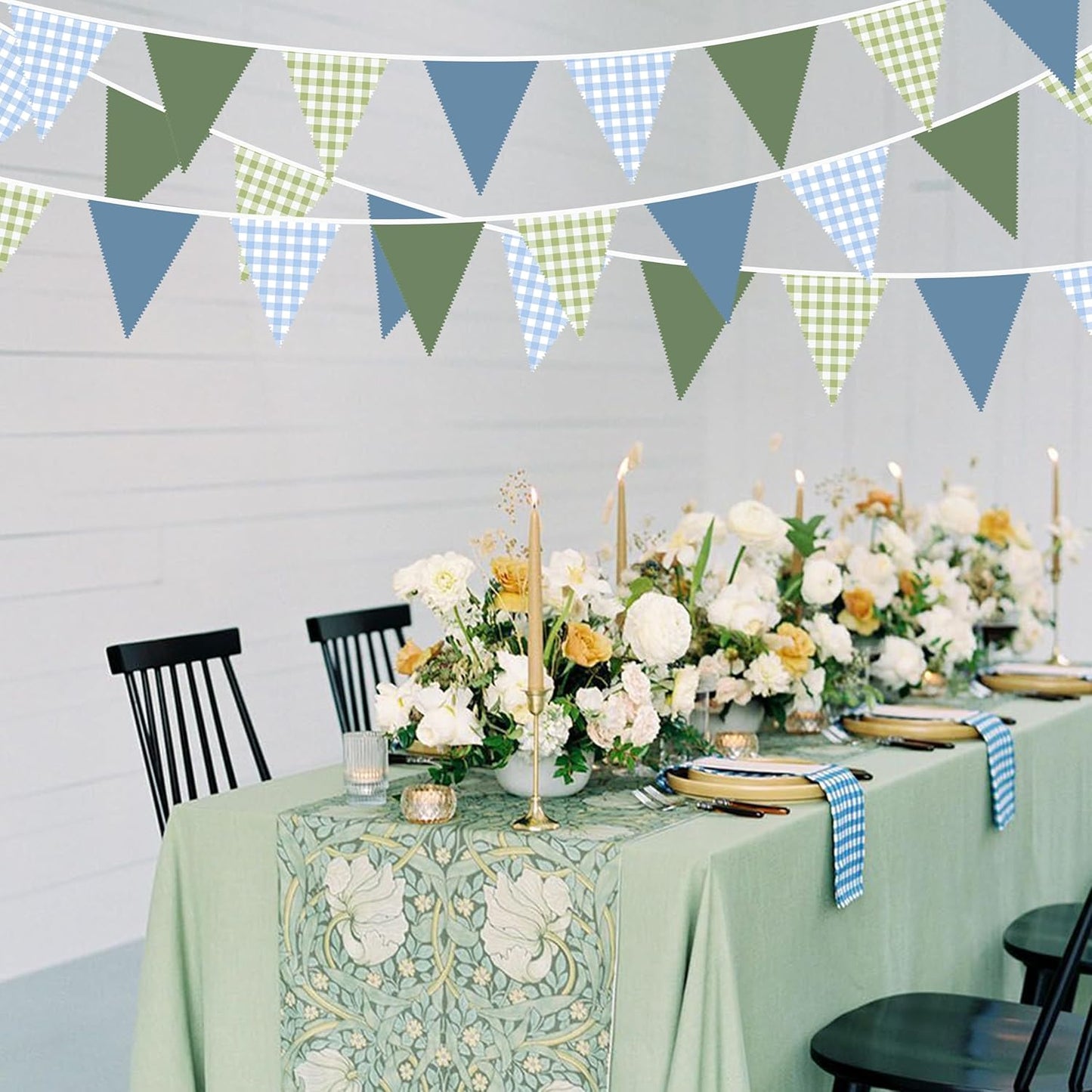 32Ft Dusty Blue Party Decorations Retro Blue Gingham Triangle Banner Flag Pennant Fabric Garland Streamers for Nautical Wedding Birthday Ahoy Achor Bridal Baby Shower Under The Sea Decor Supplies