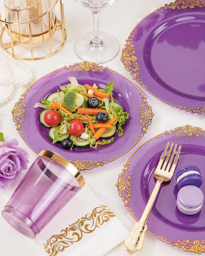 Nervure 350PCS Gold Plastic Plates - Gold Plastic Dinnerware Sets for 50 Guests - 100 Disposable Plates, 150 Silverware, 50 Cups, 50 Napkins for Wedding & Party & Mothers Day
