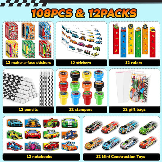 BenLouis 96Pcs Race Car Party Favors Racing Theme School Stationery Set Bulk for Kids Fast Racecar Wheel Birthday Party Goodie Bag Stuffers Classroom Gifts Rewards Pinata Filler