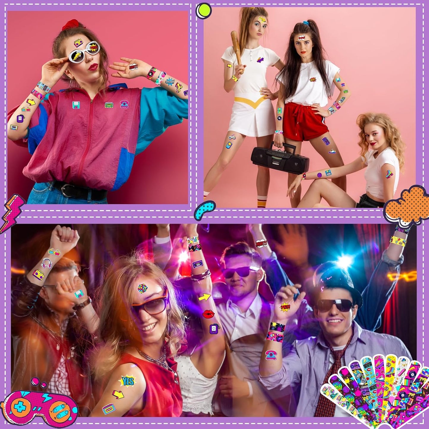 Sinmoe 86 Pcs 80s 90s Party Favors Slap Bracelets Bulk Back to 80s Throwback Theme Party Favors Snap Bracelets with Retro Stickers for Adults Decorations