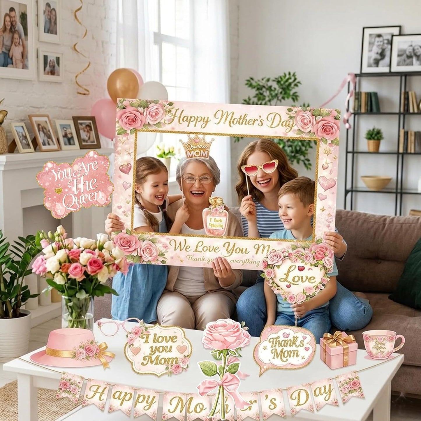 Mother's Day Decorations Photo Booth Props with Large Frame, 23 PCS Pink Floral Mother's Day Party Supplies, Best Mom Ever Celebration Backdrop, Selfie Props for Mother's Day Party & Brunch