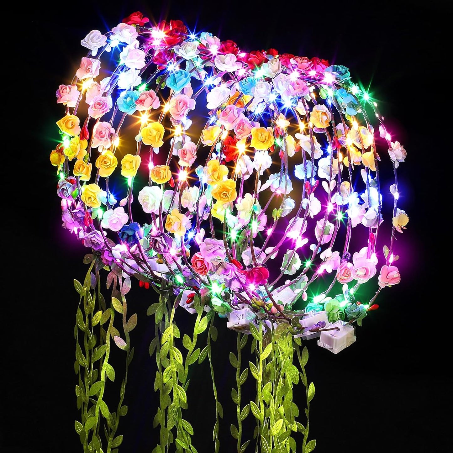 50 PCS LED Flower Crowns Headbands with Ribbons, Light Up Flower Headband for Women, Glow in the Dark Party Supplies for Wedding Birthday Party
