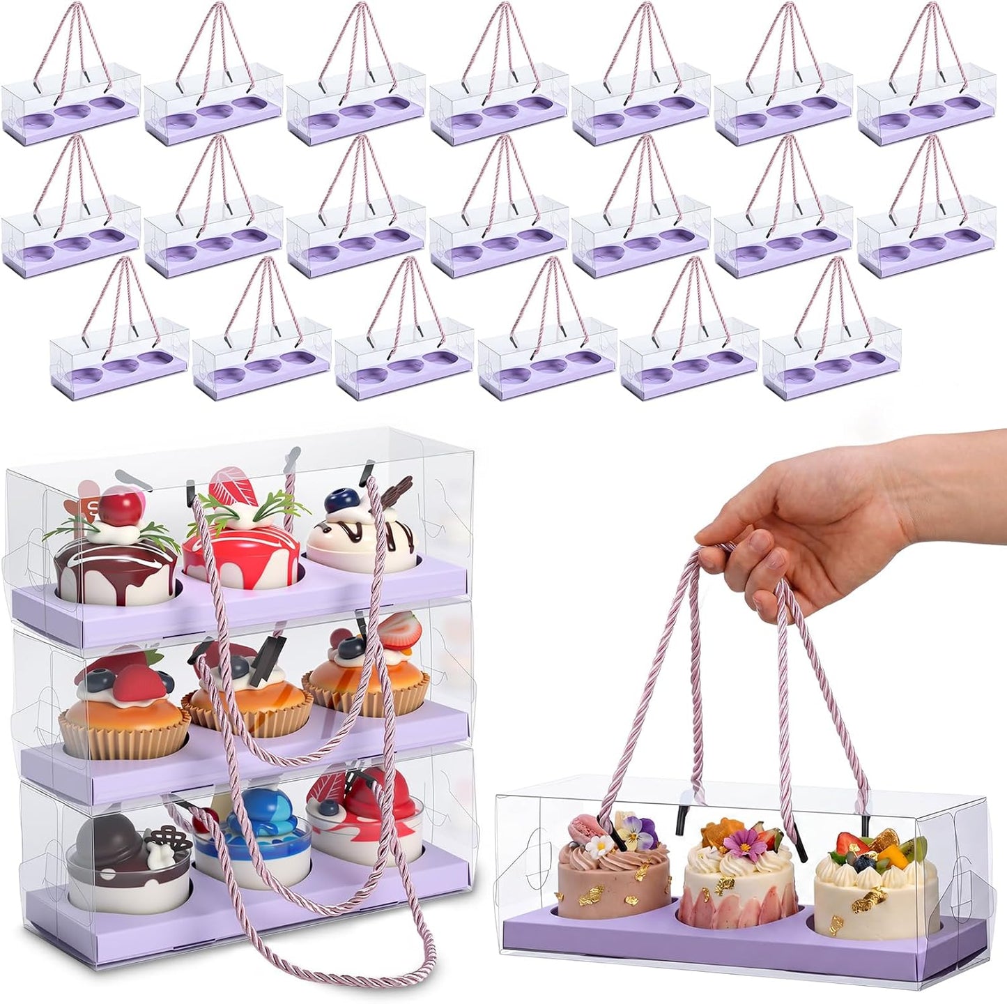 Thenshop 20 Pcs 9 x 3 x 3 Inch Clear Cupcake Boxes with Handle and Inserts 3 Count Portable Pastry Packaging for Cupcakes Carrier Muffin Bakery Containers Mothers Day Wedding Party(Brown)