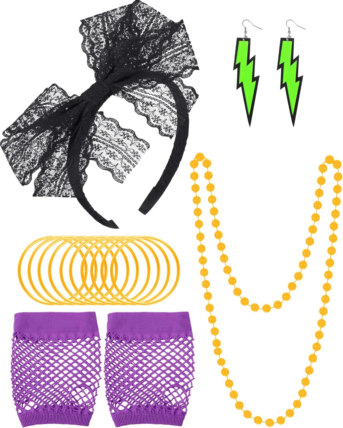 Blulu 80s Accessories Women Lace Headband Earrings Fishnet Gloves Necklace Bracelet for 80s Retro Party Halloween