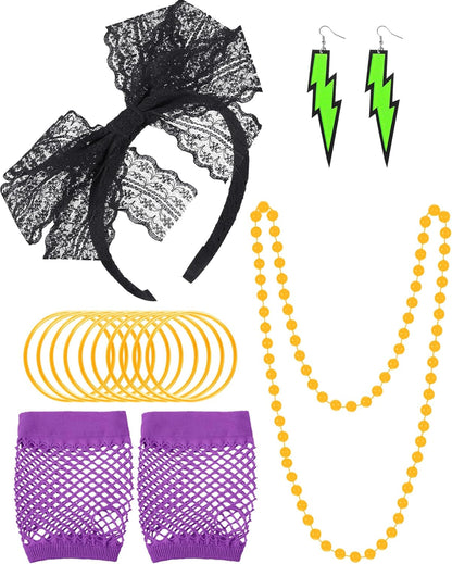 Blulu 80s Accessories Women Lace Headband Earrings Fishnet Gloves Necklace Bracelet for 80s Retro Party Halloween