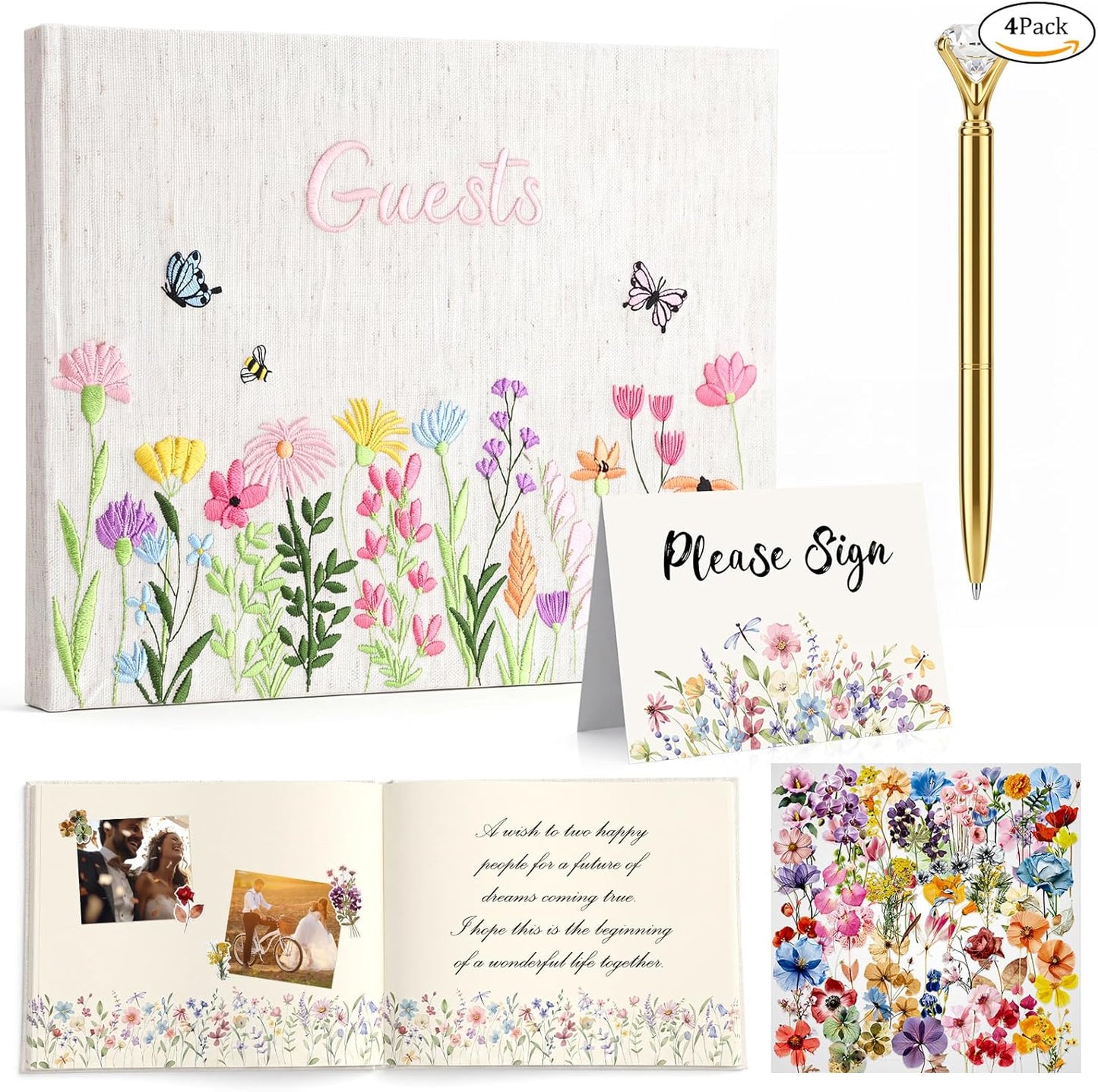 Ctosree Wedding Guest Book with Pens Wildflowers Embroidered Fabric Photo Album, Hard Cover Guest Book Wedding Reception for Baby Shower, Party, Bridal Shower(Colorful,8.3 * 6 Inch)