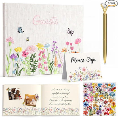 Ctosree Wedding Guest Book with Pens Wildflowers Embroidered Fabric Photo Album, Hard Cover Guest Book Wedding Reception for Baby Shower, Party, Bridal Shower(Colorful,8.3 * 6 Inch)