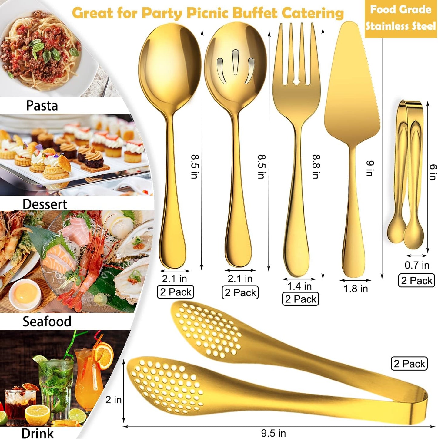 11 PCS Serving Utensils, Large Stainless Steel Spoons Forks Tongs, Pie Server, Great for Hostess Buffet Catering Banquet Party, Silver