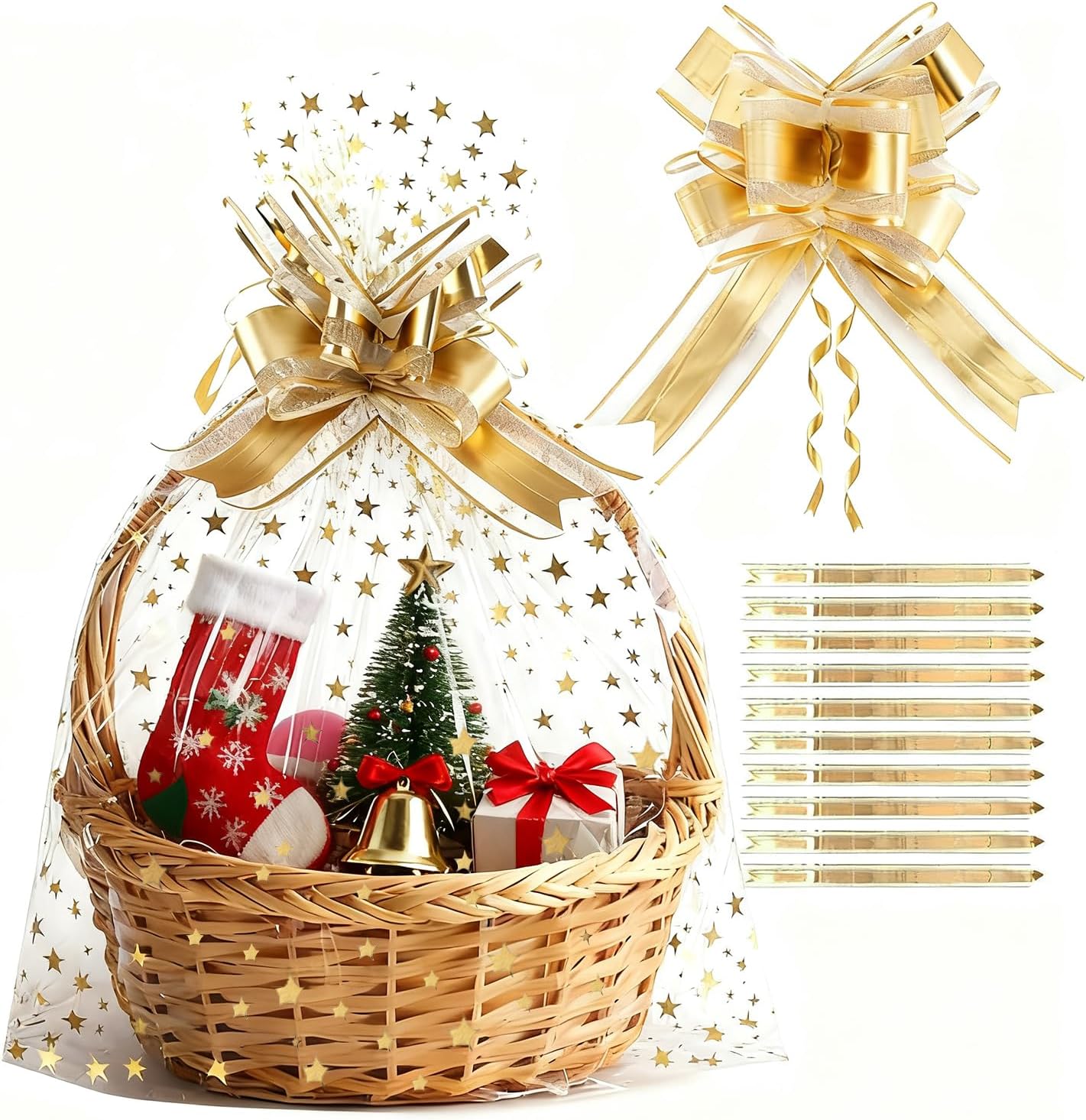 100 Pcs Star Printed 5"X 7" Gift Wrap Cello Cellophane Treat Bags Party Favor bags Clear Candy Cookie Bag Plastic Poly Goodie Storage Bag with Twist Ties for Bakery,Birthday, Wedding ,Party Decorations (Gold)