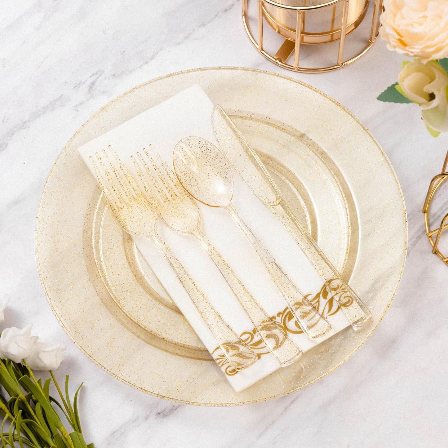 Goodluck 350 Pieces Gold Dinnerware Set for 50 Guests, Plastic Plates Disposable for Party, Include: 50 Gold Rim Dinner Plates, 50 Dessert Plates, 50 Paper Napkins, 50 Cups, 50 Gold Silverware Set