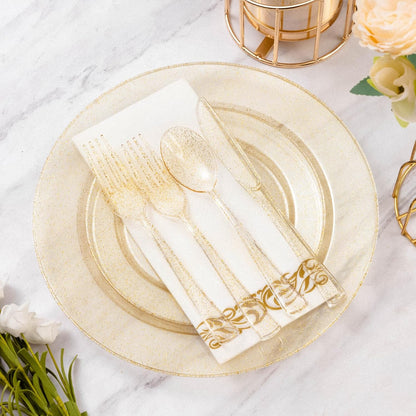 Goodluck 350 Pieces Gold Dinnerware Set for 50 Guests, Plastic Plates Disposable for Party, Include: 50 Gold Rim Dinner Plates, 50 Dessert Plates, 50 Paper Napkins, 50 Cups, 50 Gold Silverware Set