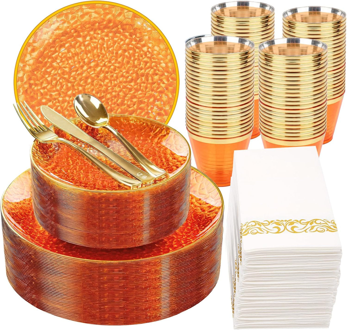 Rubtlamp 350 Pcs Clear Blue Plastic Plates, Blue Gold Plastic Dinnerware Set (50 Guests), Blue Disposable Plates With Gold Rim, Hammered Party Plates Set for Wedding And Party