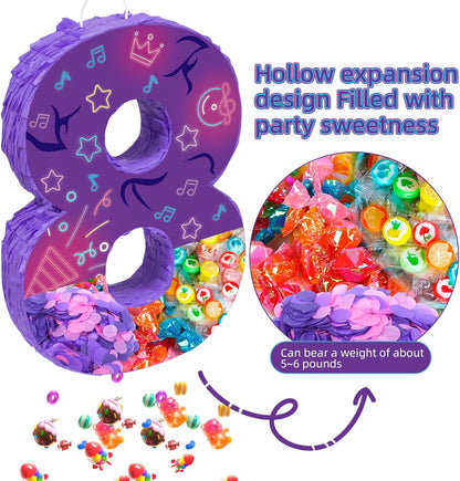 Musical Note Birthday Decorations, 15.7 x 11.5 x 3 Inch Purple Musical Note Number 7 Pinata with 16 Inch Piñata Stick Blindfold Confetti for 7th Music Theme Birthday Party Supplie