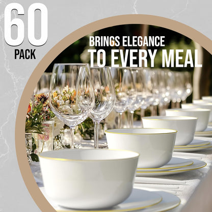 White Gold Rim Disposable Plastic Bowls - 16 Oz, 30 Count - Large, Heavy Duty - Perfect for Weddings & Parties