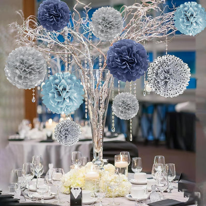 Tissue Paper Pom Poms - 23 PCS Dusty Blue Paper Flowers Pom Pom Kit Circle Dot Party Banner Hanging Swirl Party Decorations for Wedding Birthday Baby Shower Bridal Shower Tea Party