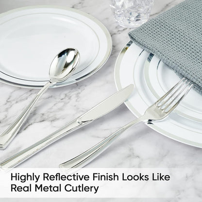 FOCUSLINE 300 Pack Silver Plastic Cutlery Set - 100 Forks, 100 Knives, 100 Spoons - Disposable Flatware Heavy Duty Plastic Silverware Set for Catering, Parties, Dinners, Weddings