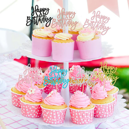 24 PCS Happy Birthday Cupcake Toppers Glitter Picks for Celebrating Anniversary Theme Party Cake Decorations Supplies Gold