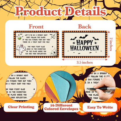Halloween Scavenger Hunt Clue Cards, Magical Scavenger Hunt Games for Adults, Halloween Fall Pumkin Holiday Birthday Party Supplies Activities Outdoor Indoor(16 Clues Cards with Envelopes), 11