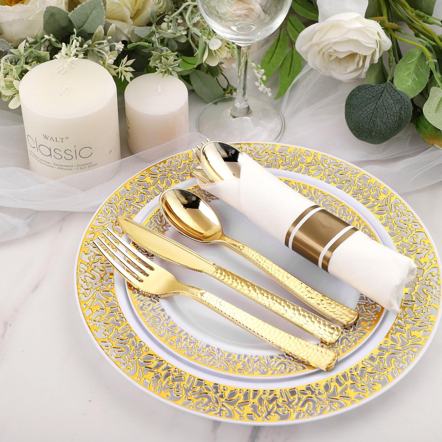 Supernal 180Pcs Silver Plastic Silverware Set, Elegant Hammered Design Heavy Duty Disposable Cutlery, Includes 60 Forks, 60 Knives, 60 Spoons,Silver Plastic Utensils for Wedding, Parties,Events
