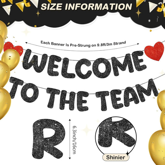 Fulmoon Pre Strung Welcome to The Team Banner with Two Heart Signs, NO DIY, Glitter Welcome Party Supplies for New Employee, Coworker, Colleague, Staff, Team Member Office Decorations(Champagne Gold)