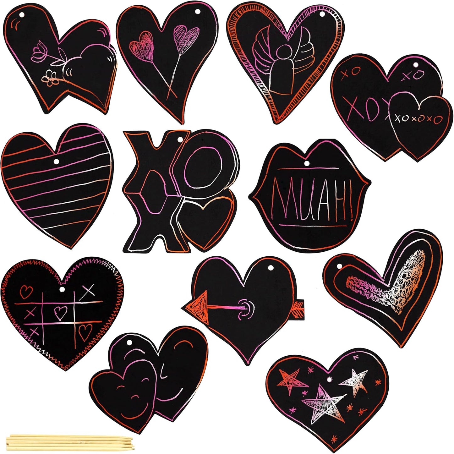 Iconikal Valentines Day 48 Ornament Cards with 24 Sticks Magic Scratch Art Hearts, Bulk Pack for Kids, Red, Pink and White Background