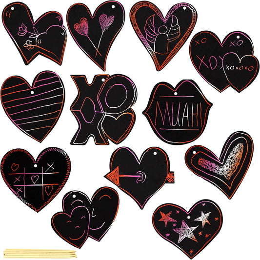 Iconikal Valentines Day 48 Ornament Cards with 24 Sticks Magic Scratch Art Hearts, Bulk Pack for Kids, Red, Pink and White Background