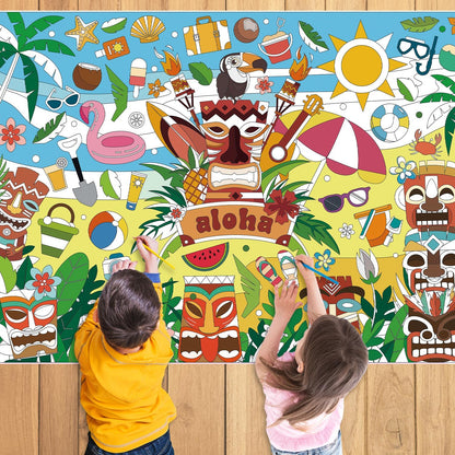 43.3x31.5 Summer Coloring Poster with Picture, Giant Cute Painting Poster, Large Coloring Tablecloth for Classroom Home Birthday Party Supplies Favor