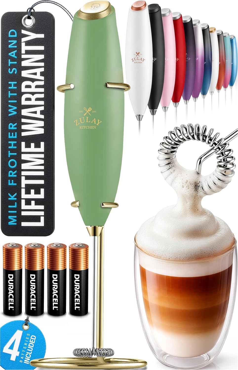 Zulay Kitchen Powerful Milk Frother Wand With Duracell Batteries - Ultra Fast Handheld Drink Mixer - Electric Whisk Foam Maker for Coffee, Lattes, Cappuccino & Matcha - Z1 Motor - Black - Colors D