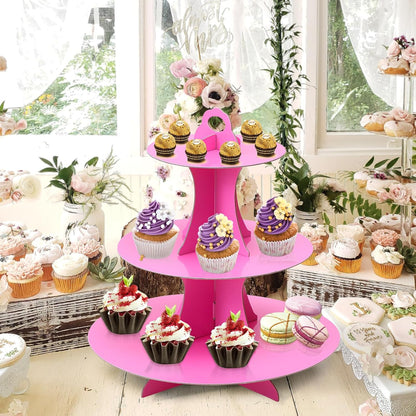 Soleebee 3-Tier Round Cupcake Stand, Cardboard Cupcake Tower, Dessert Cup Cake Stand Tower for Birthday Wedding Party Decoration, Cupcake Tier Stand 1 Set (Hot Pink)