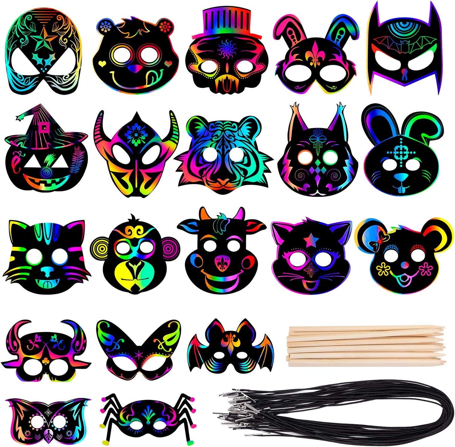 Halloween Mask Craft Kit for Kids, 52 Pcs Kids Magic Scratch Paper Animal Masks, DIY Rainbow Scratch Art Masks for Halloween and Animal Birthday Party