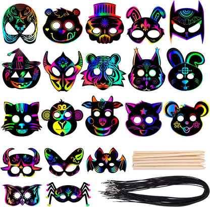 Halloween Mask Craft Kit for Kids, 52 Pcs Kids Magic Scratch Paper Animal Masks, DIY Rainbow Scratch Art Masks for Halloween and Animal Birthday Party