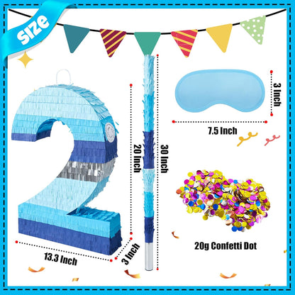 PCFING 20 Inch Number 3 Piñata Blue Silver with 30 Inch Piñata Stick Blindfold Confetti for Boys Girls Adults Birthday Party Decorations, Anniversary Celebration, Fiesta