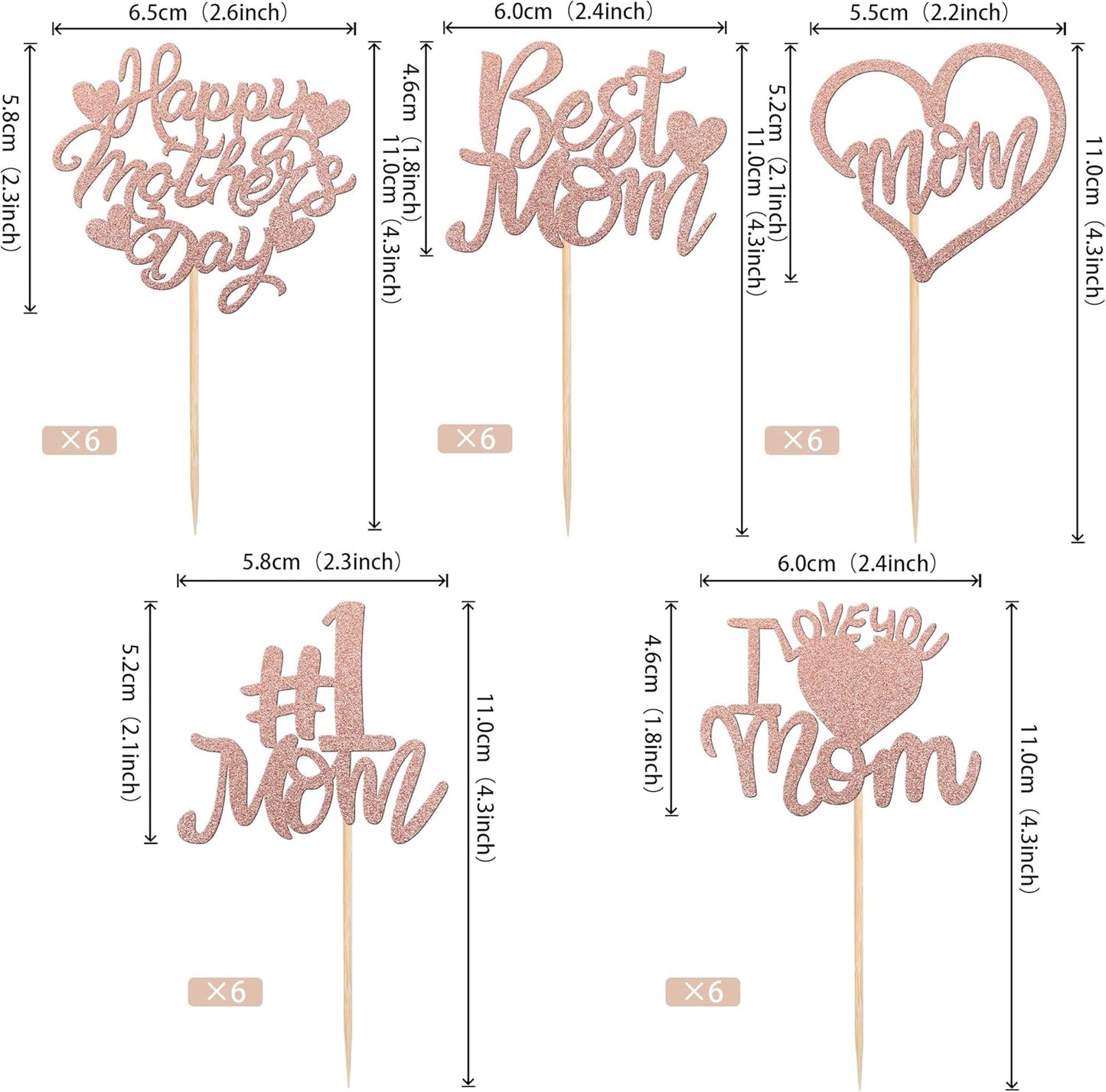 24 PCS Happy Mother's Day Cupcake Toppers with Glitter Heart Love Mother Best Mom Cupcake Picks for Happy Mother's Day Theme Women Birthday Party Cake Decorations Supplies Rose Gold
