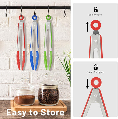 Hotec Mini Silicone Kitchen Tongs for Cooking - 7-Inch Small Serving Tongs with Silicone Tips, Set of 3 (Blue)