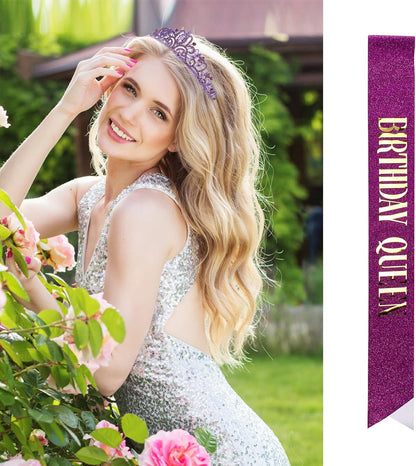 Happy Birthday Queen Tiara Crowns for Women, Red Sash, Party Favors Supplies Gift, 30th Decorations, Stuff Accessories