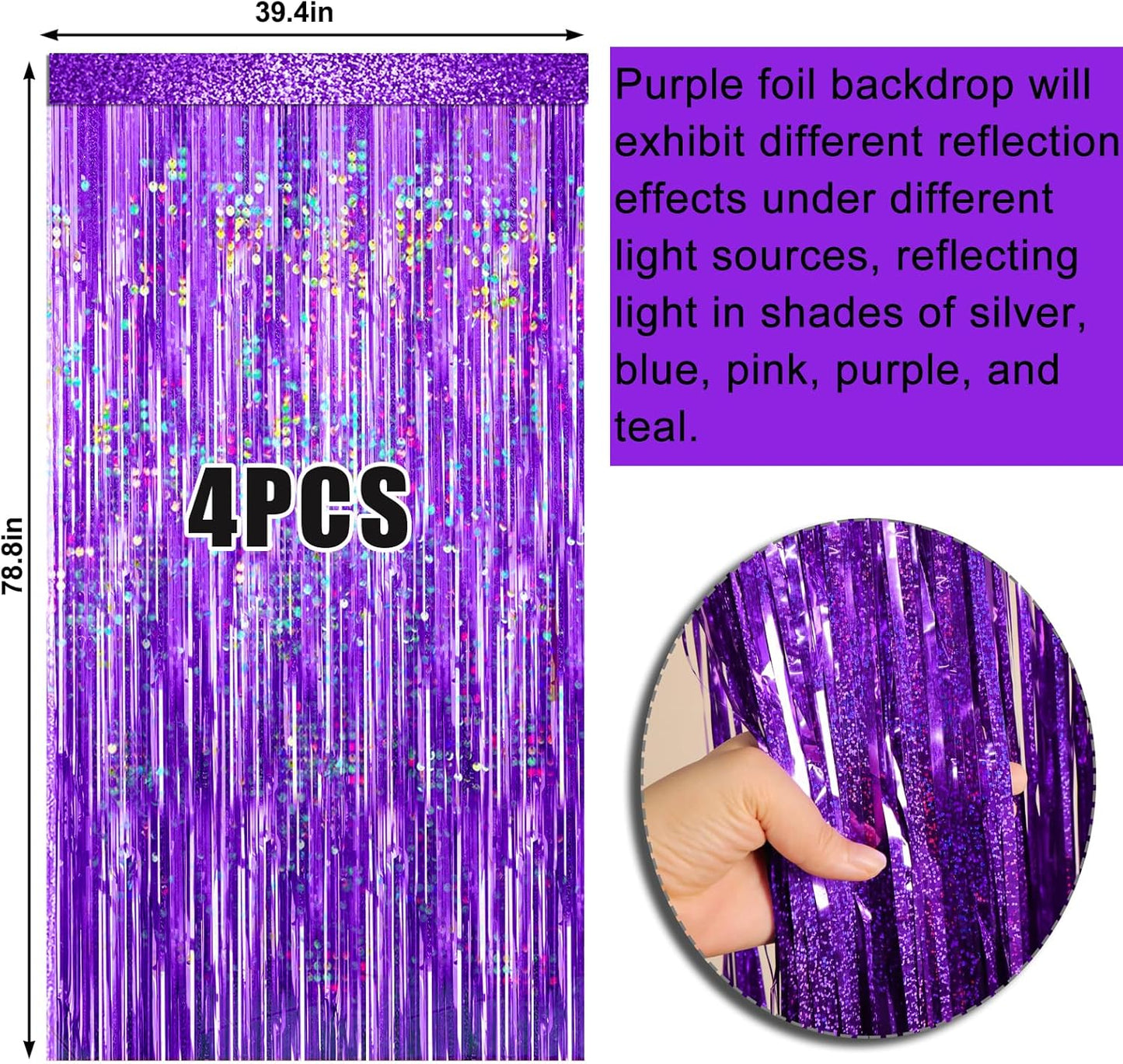 4 Packs Silver Foil Fringe Curtain, Silver Glitter Metallic Tinsel Backdrop for Birthday, Wedding, Baby Shower, Bachelorette, 70s 80s 90s Theme Disco Party, Iridescent Party Decorations Supplies