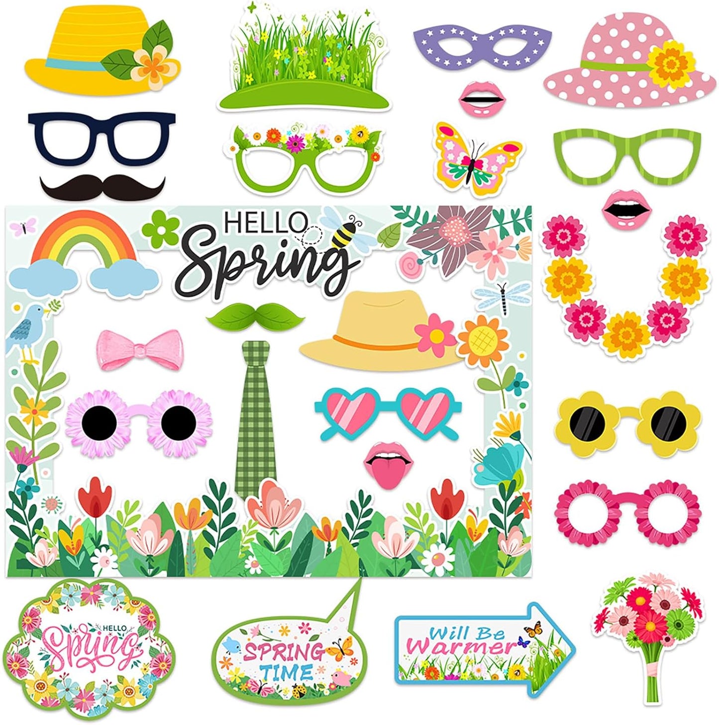 Hello Spring Party Photo Booth Props with Paper Frame - 26PCS Hello Spring Flower Theme Selfie Props Party Decoration Supplies