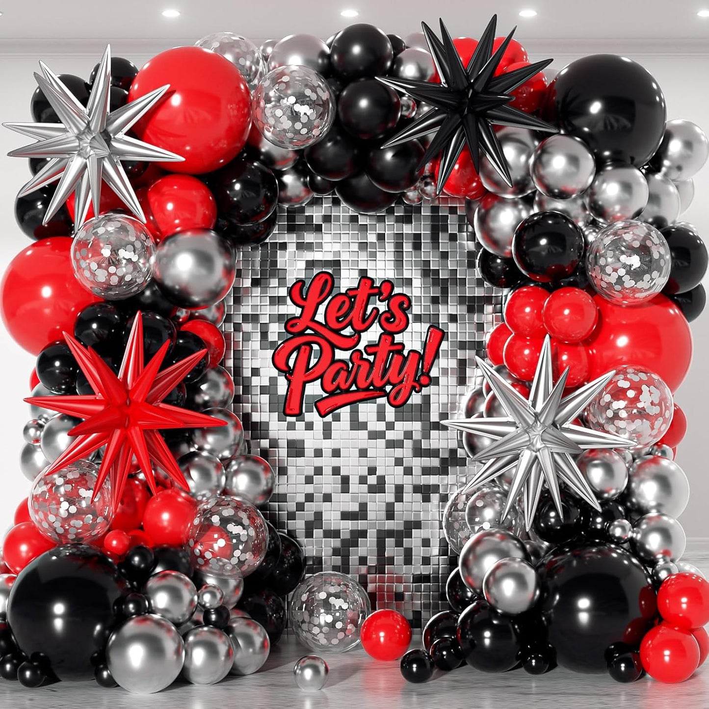 153Pcs Black and Silver White Balloon Garland Arch Kit with Stars, 22 18 12 10 5 inch Disco Ball Balloons Black White Metallic Silver Confetti Balloon for Birthday Graduation Party Decorations