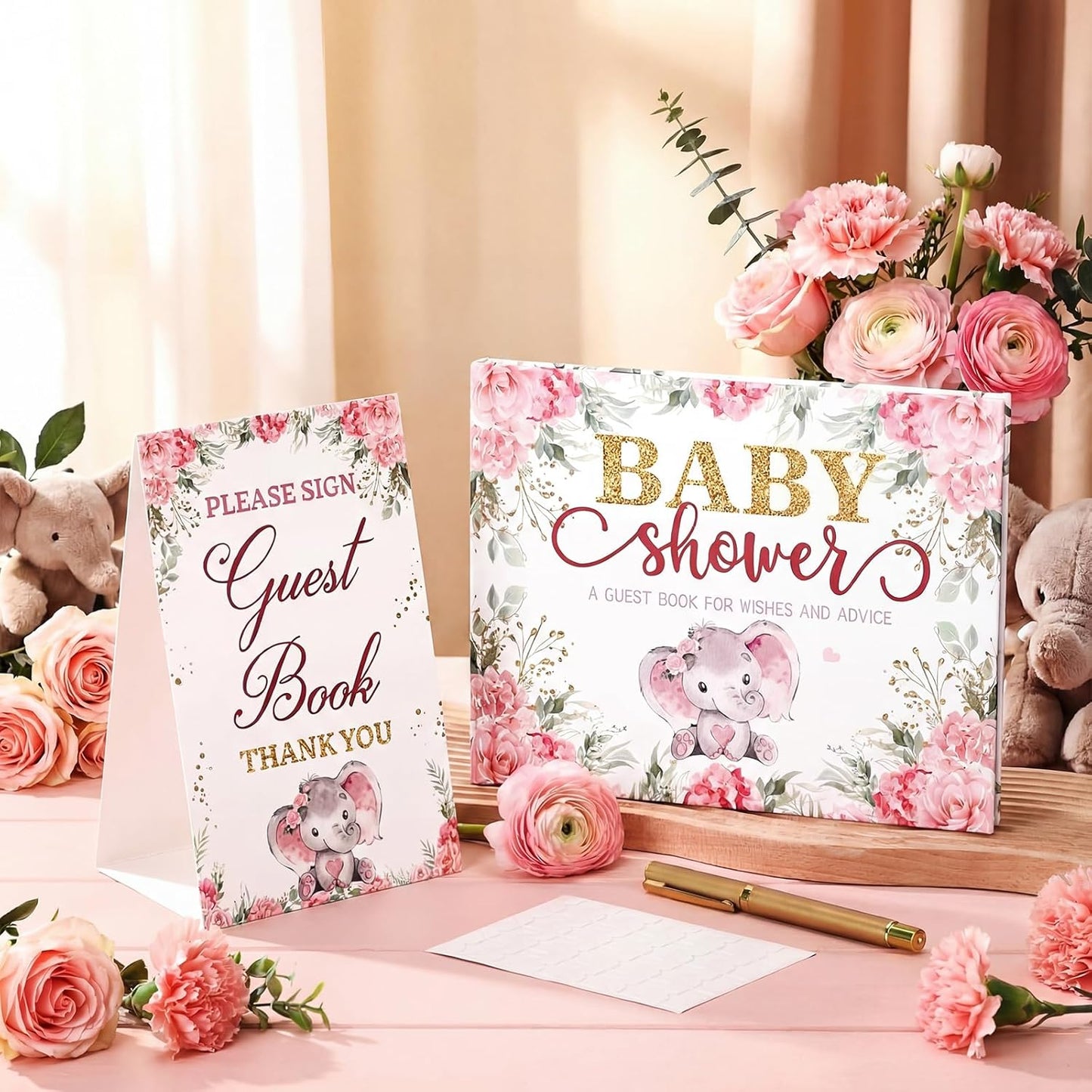 Fuyoooo 27 Pcs Safari Animal Baby Shower Guest Book Set Baby Shower Sign in Guest Floral Book Place Table Cards with Gold Pen Adhesive Photo Corner for Birthday Party
