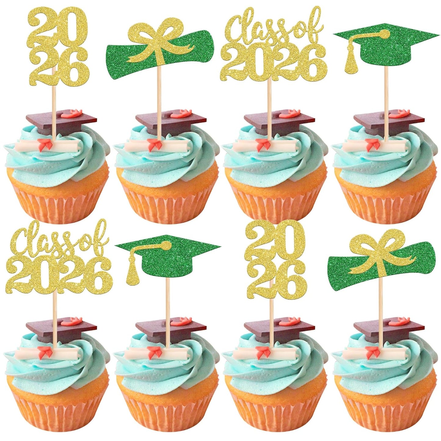 36 PCS 2026 Graduation Theme Cupcake Toppers Glitter Class of 2026 Grad Cap Diploma Cupcake Picks 2026 Graduation Theme Party Cake Decorations Supplies Deep Blue