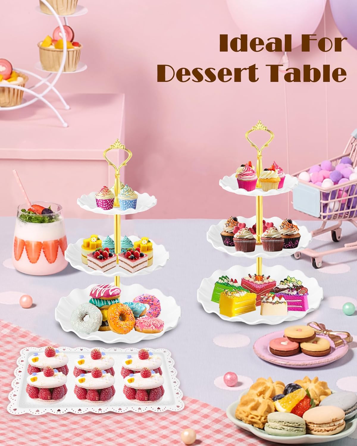 Hoedia 10 Pcs Cake Stand, Plastic Dessert Table Display Set, 4 Pcs 3 Tier Cupcake Stand Tower Holder and 6 Pcs Serving Tray for Tea Party Baby Shower Decorations
